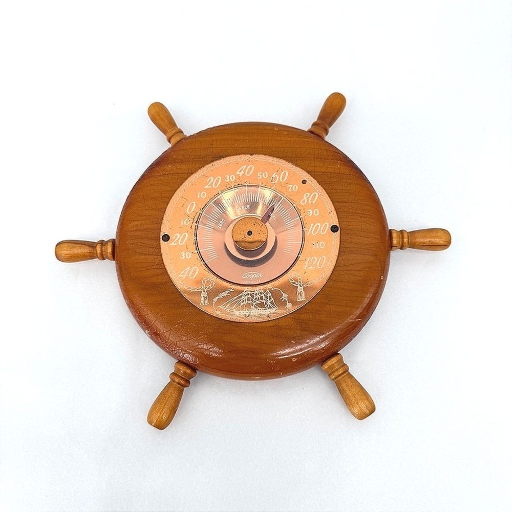 Cooper Thermometer Ship Wheel Wood Nautical Decor Cabin Beach Sailor Core